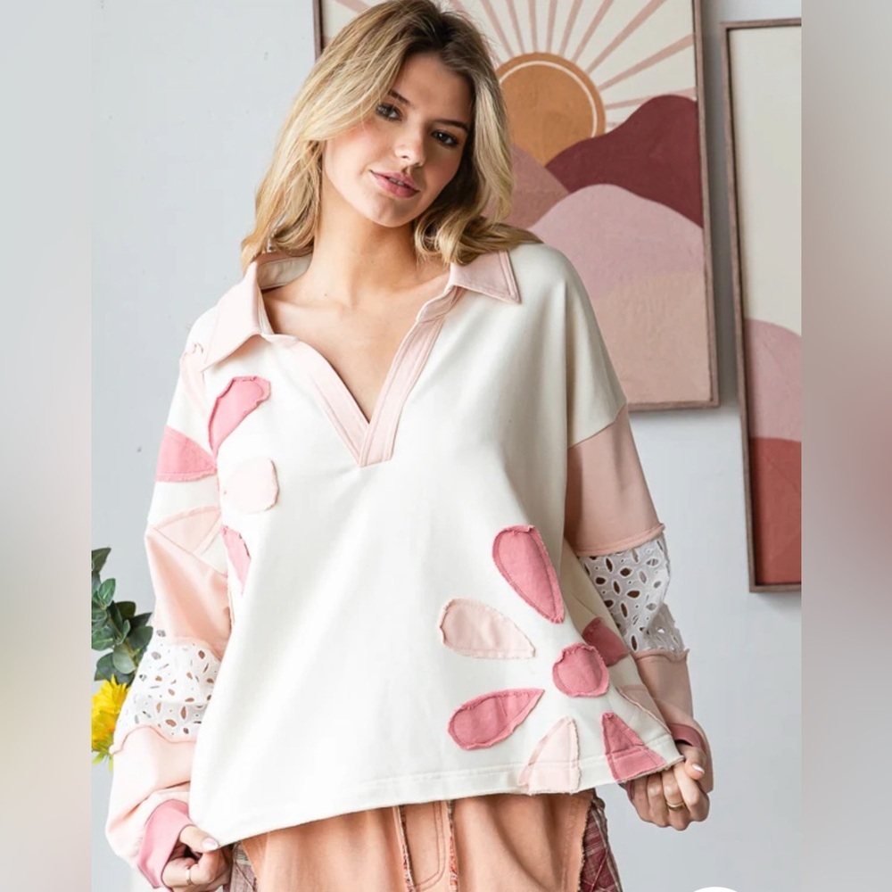 Oli & Hali  DAISEY PATCHWORK V NECK LONG
SLEEVE TOP Pink & Cream